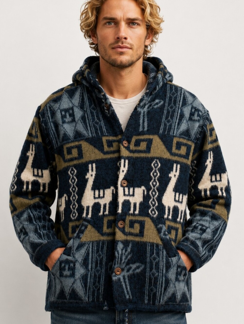 Tejidos Atahualpa Wool Llama Hooded Cardigan Sweater Jacket Ecuador Large